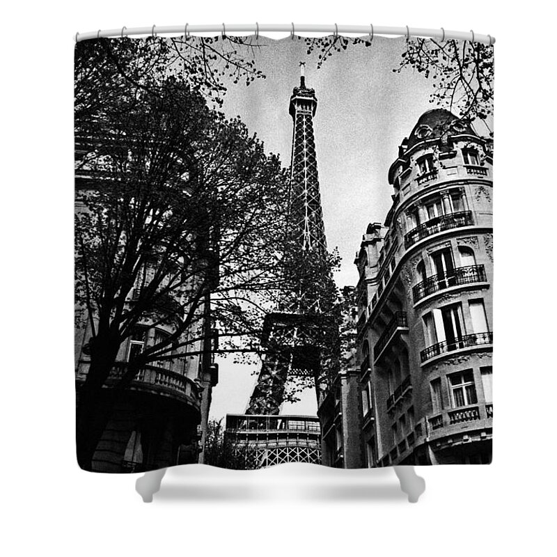 Vintage Eiffel Tower Shower Curtain featuring the photograph Eiffel Tower Black and White by Andrew Fare