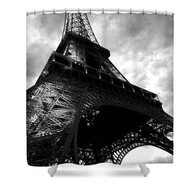 Eiffel Tower Shower Curtain featuring the photograph Eiffel Tower in Black and White. Ominous sky overhead by Toby McGuire