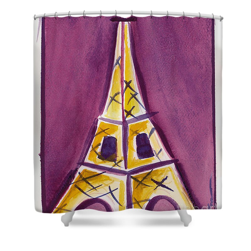 Effel Tower Shower Curtain featuring the painting Eiffel Tower Purple and Yellow by Robyn Saunders