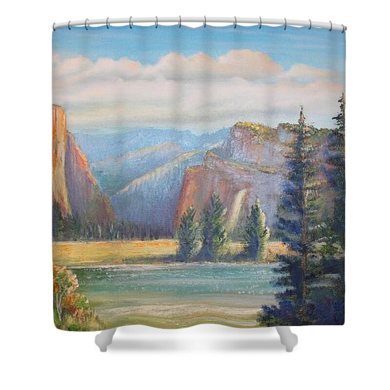 Yosemite Shower Curtain featuring the painting El Capitan Yosemite National Park by Remegio Onia