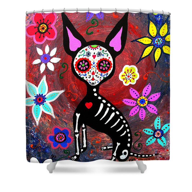 El Perrito Shower Curtain featuring the painting El Perrito Chihuahua Day Of The Dead by Pristine Cartera Turkus