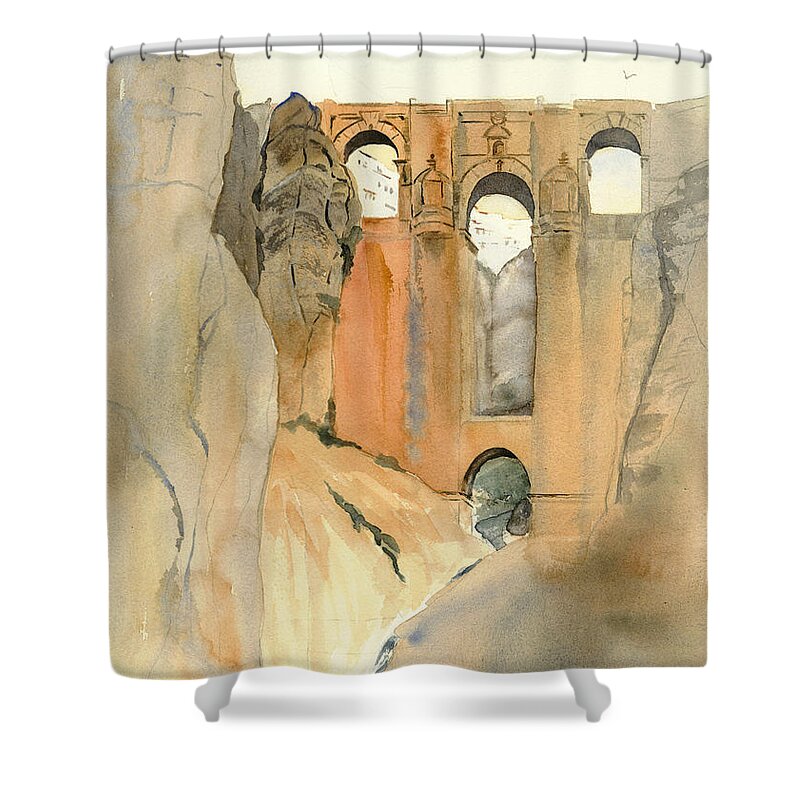 Europe Shower Curtain featuring the painting El Puente Nuevo, Ronda, Spain by Amanda Amend