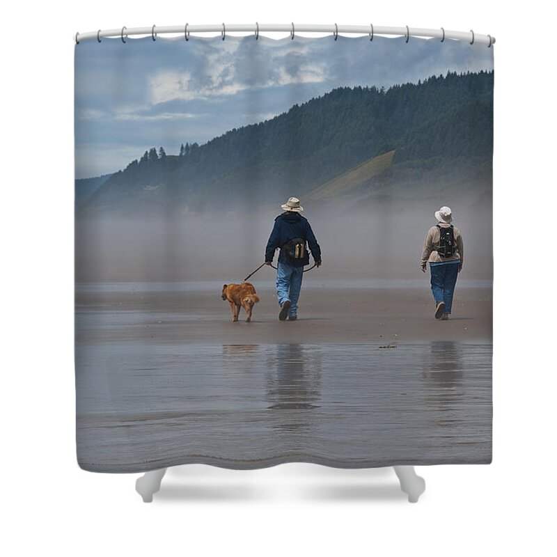 Active Seniors Shower Curtain featuring the photograph Elderly Couple Walking a Dog by Jeff Goulden