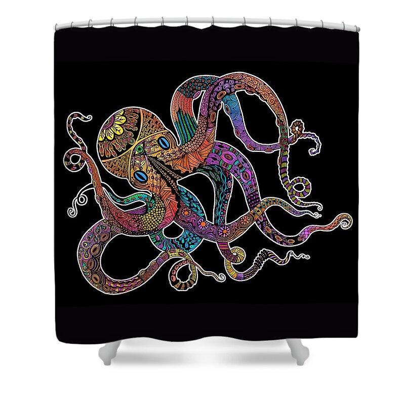 Octopus Shower Curtain featuring the digital art Electric Octopus on Black by Tammy Wetzel
