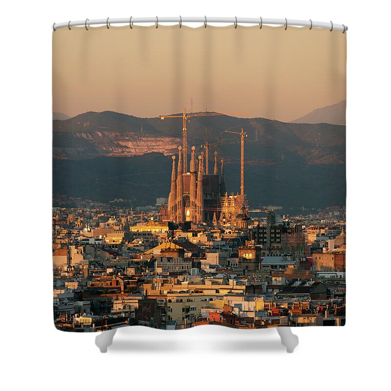 Sagrada Familia Shower Curtain featuring the photograph Elevated View Of Barcelona With Sagrada by Guy Vanderelst