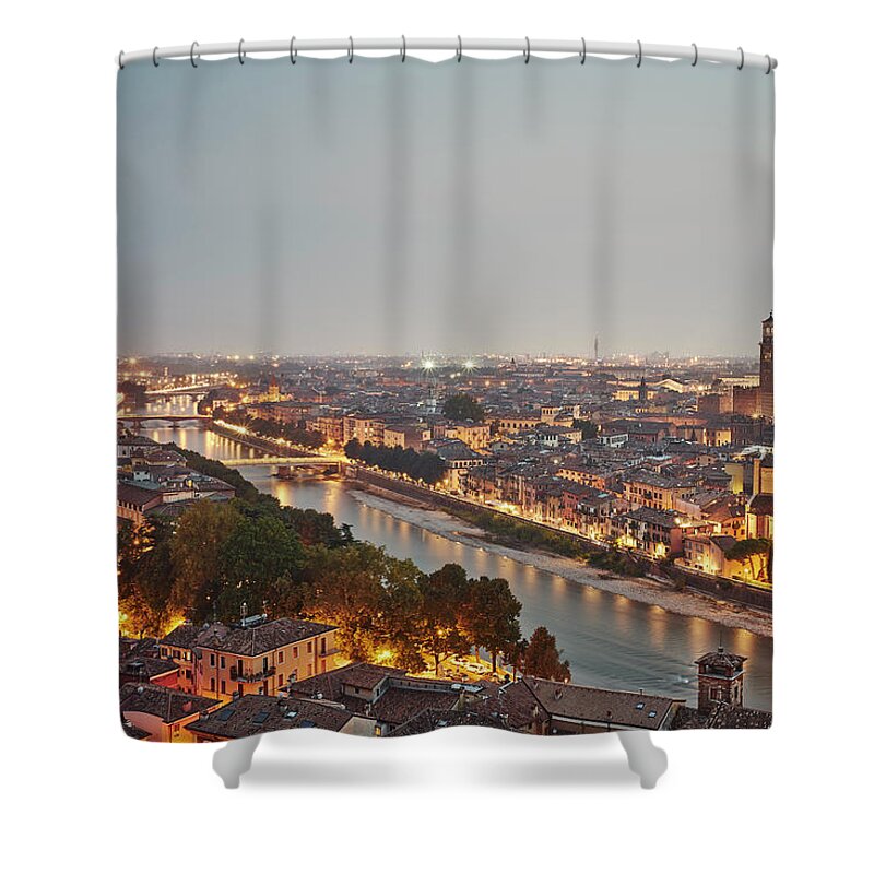 Tranquility Shower Curtain featuring the photograph Elevated View Of Verona, Italy, At Dusk by Gu