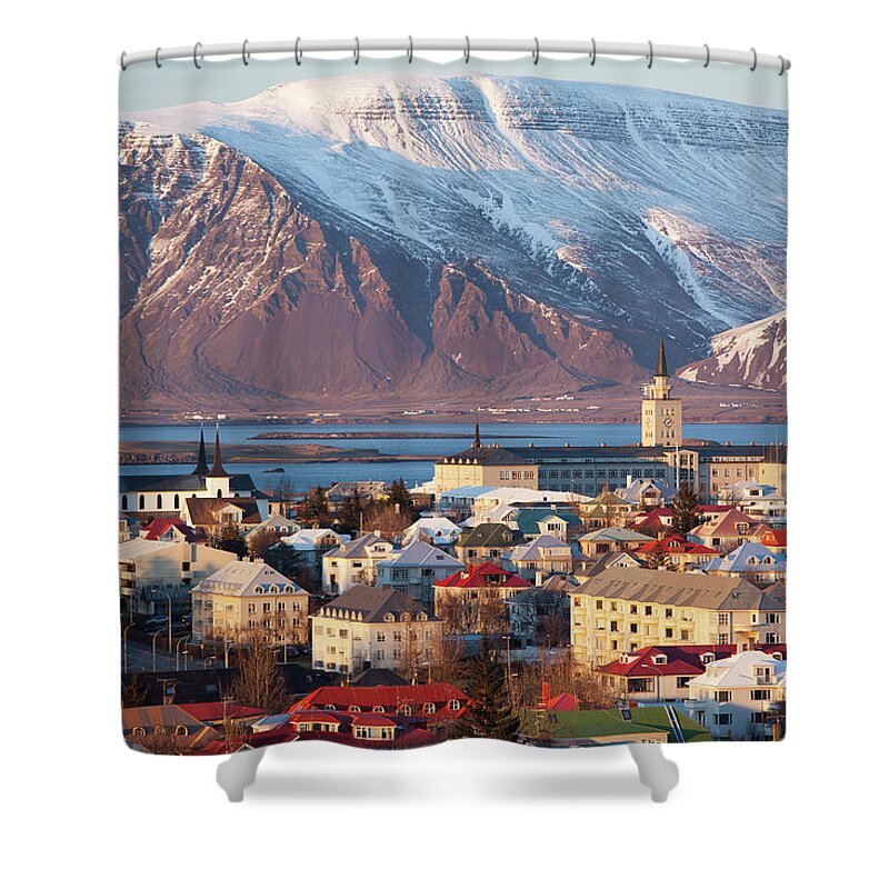 Snow Shower Curtain featuring the photograph Elevated View Over Reykjavik, Iceland by Travelpix Ltd