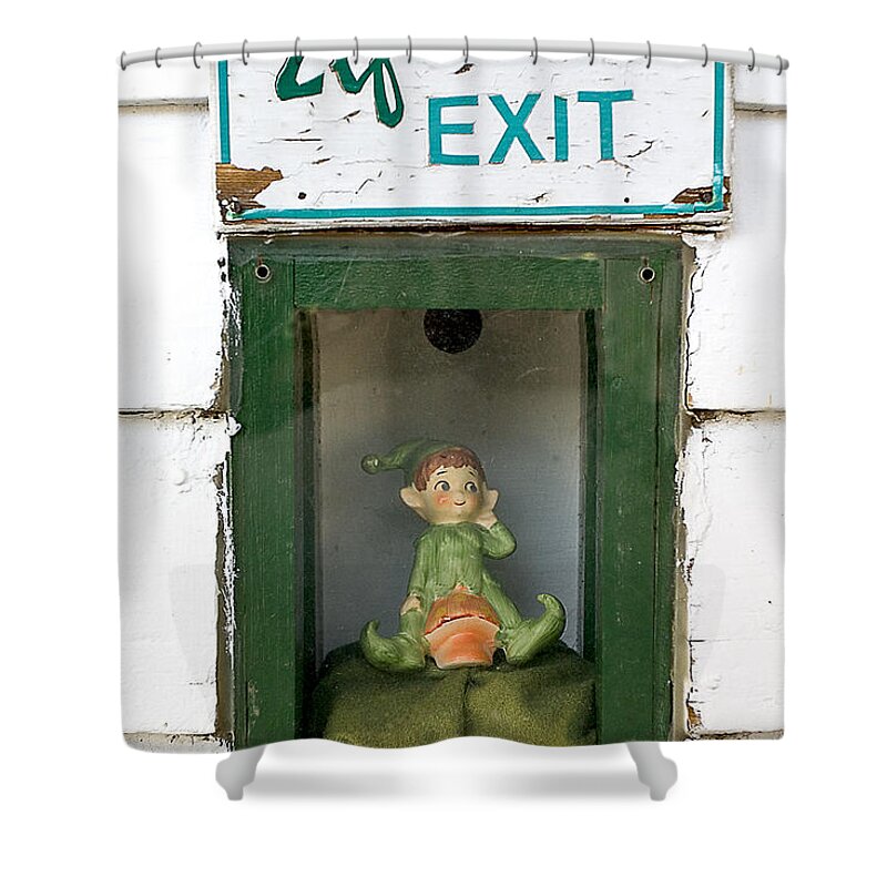 Humor Shower Curtain featuring the photograph elf exit, Dubuque, Iowa by Steven Ralser