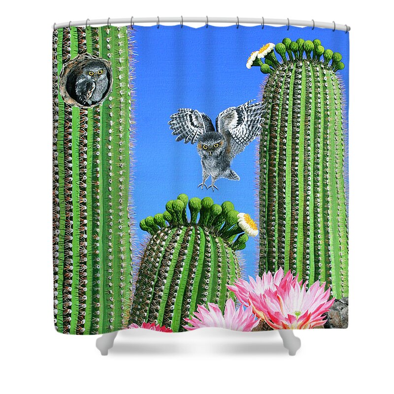 Wildlife Shower Curtain featuring the painting Elf Owls of Saguaro Desert by Wilfrido Limvalencia