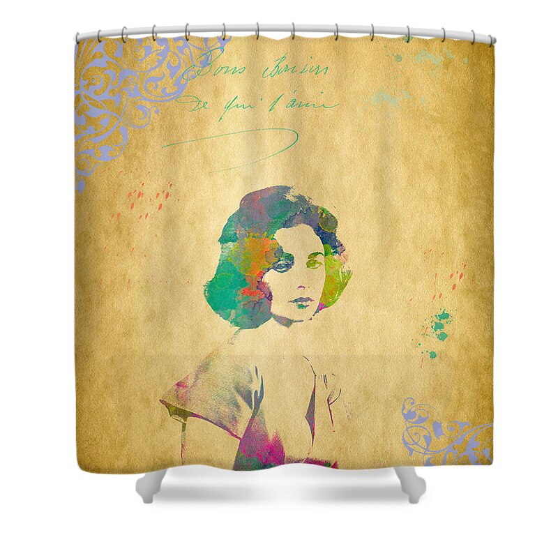 Feature Art Shower Curtain featuring the digital art Elizabeth Taylor - Scatter Watercolor by Paulette B Wright