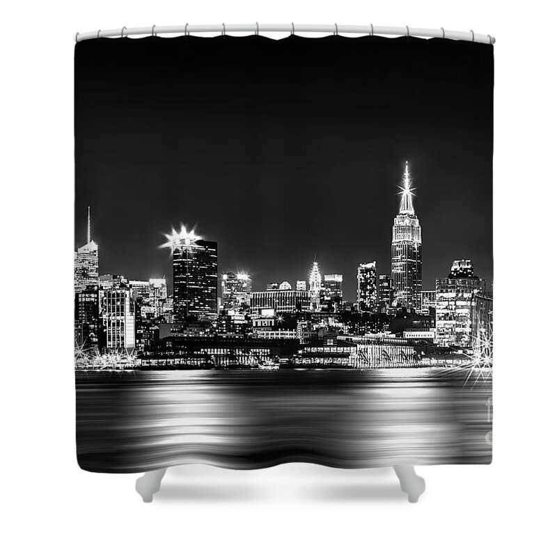 New York City Skyline Shower Curtain featuring the photograph Empire State At Night - BW by Az Jackson