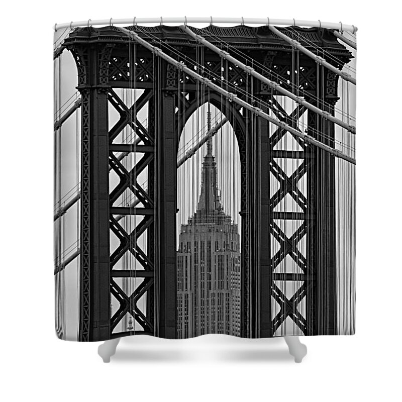 Nyc Shower Curtain featuring the photograph Empire State Famed By Manhattan Bridge by Karen Celella