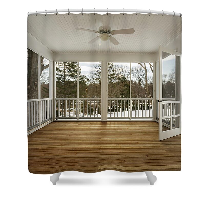 Empty Shower Curtain featuring the photograph Enclosed Deck Of Home With Screen Door by David Papazian