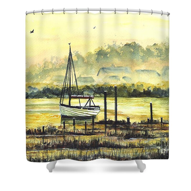 Misty Landscape Shower Curtain featuring the painting Days End by Carol Wisniewski