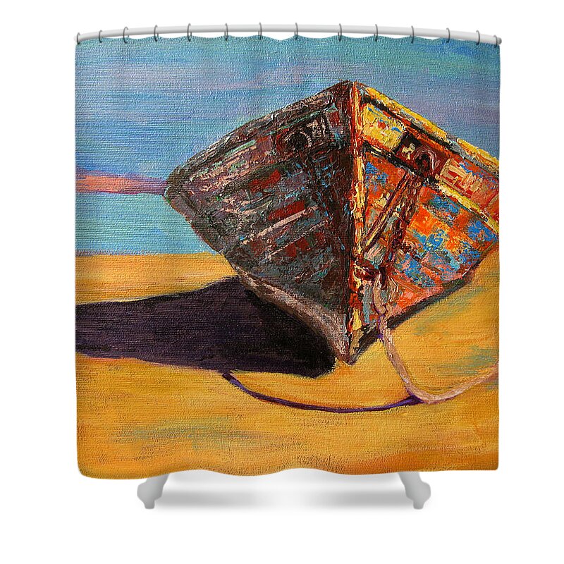 Gift Idea For Old Boat Lovers Shower Curtain featuring the painting Endurance Boat - Impressionist Oil Painting - palette knife by Patricia Awapara