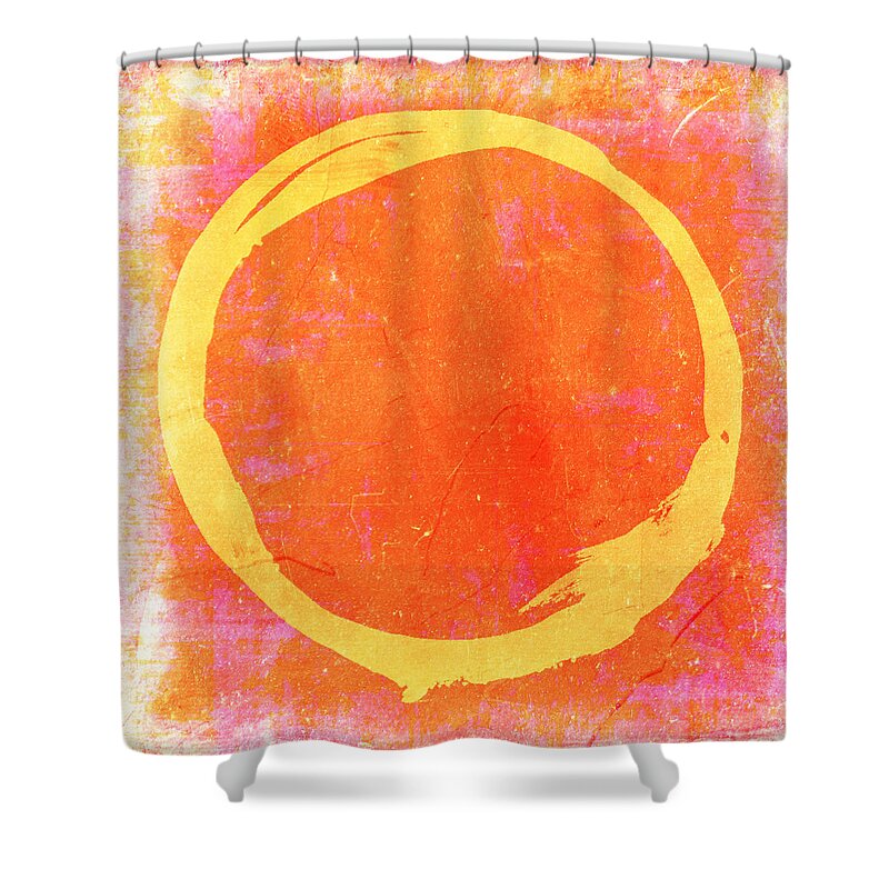 Yellow Shower Curtain featuring the painting Enso No. 109 Yellow on Pink and Orange by Julie Niemela