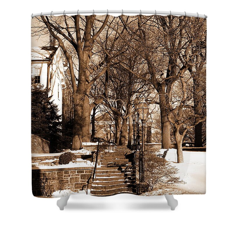 Bethlehem Pa Shower Curtain featuring the photograph Sepia - Entrance to Central Moravian Church Complex from Main Street Bethlehem PA by Jacqueline M Lewis