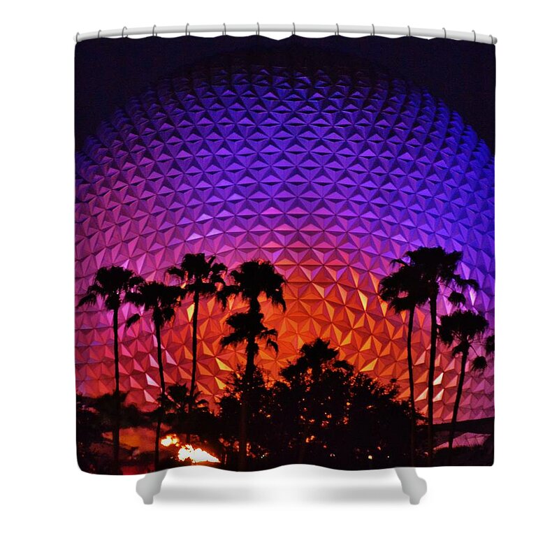 Beach Bum Pics Shower Curtain featuring the photograph Epcot Ball with Palm Trees by Billy Beck