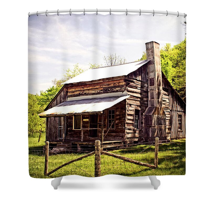 Log Cabin Shower Curtain featuring the photograph Erbie Homestead by Marty Koch