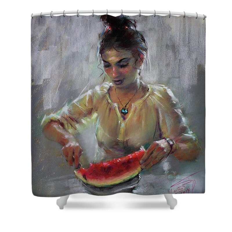Watermelon Shower Curtain featuring the pastel Erbora with Watermelon by Ylli Haruni