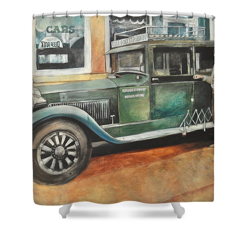 Bus Shower Curtain featuring the painting Ernests First Bus by Tim Nyberg