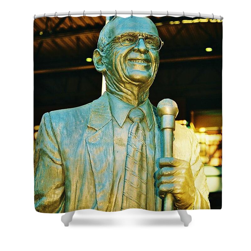 Ernie Harwell Shower Curtain featuring the photograph The Tigers Roar... Ernie Harwell Statue at the Copa by Daniel Thompson