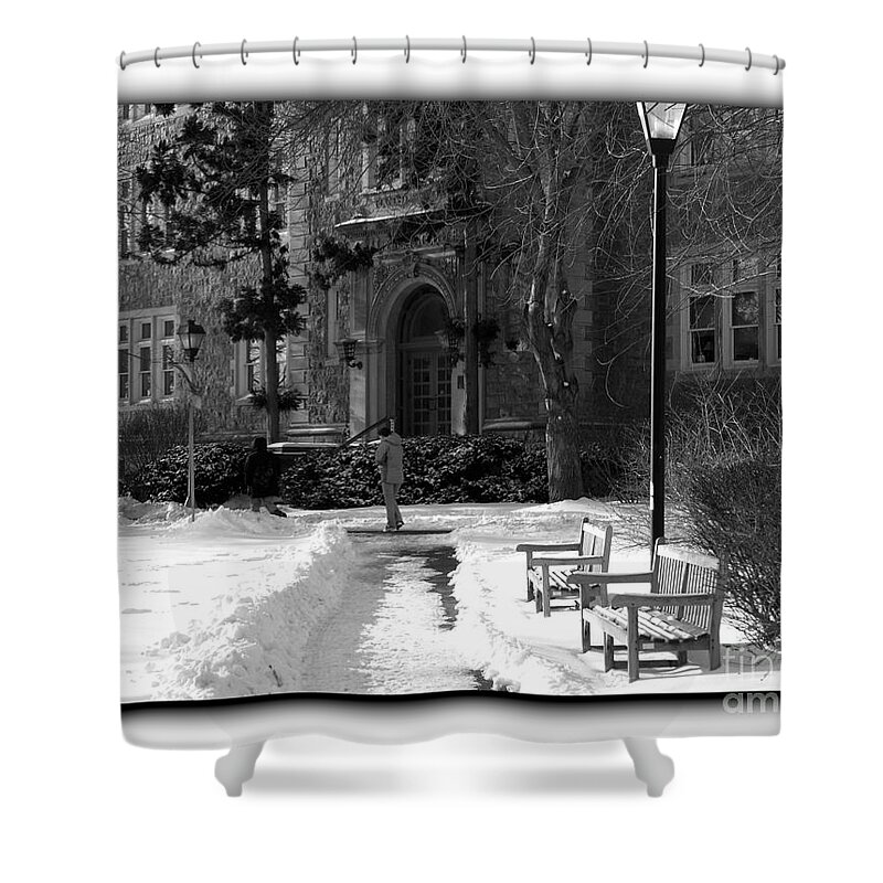 Muhlenberg College Shower Curtain featuring the photograph Ettinger snow scene - Border BW by Jacqueline M Lewis