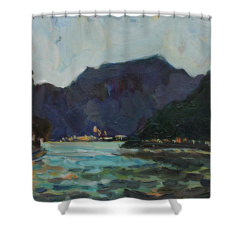 Sea Shower Curtain featuring the painting Evening light by Juliya Zhukova