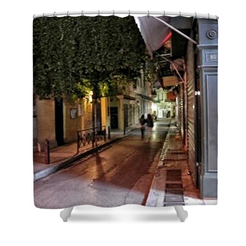 Architectural Elements Shower Curtain featuring the painting Evening Stroll in Athens Greece by Diane Strain