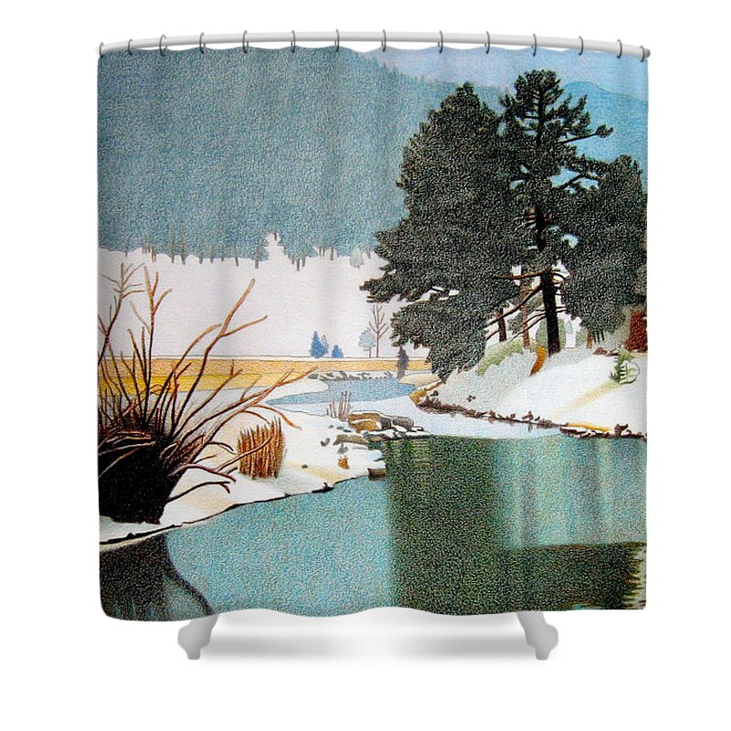 Art Shower Curtain featuring the drawing Evergreen Lake Winter by Dan Miller