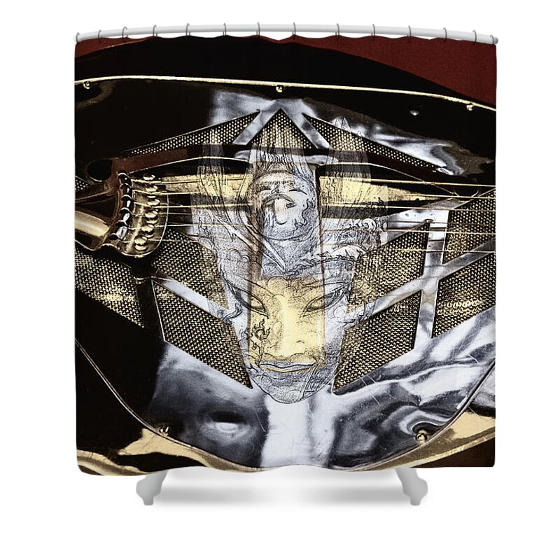 Guitar Shower Curtain featuring the digital art Evil Guitar in Color Tones by Georgianne Giese