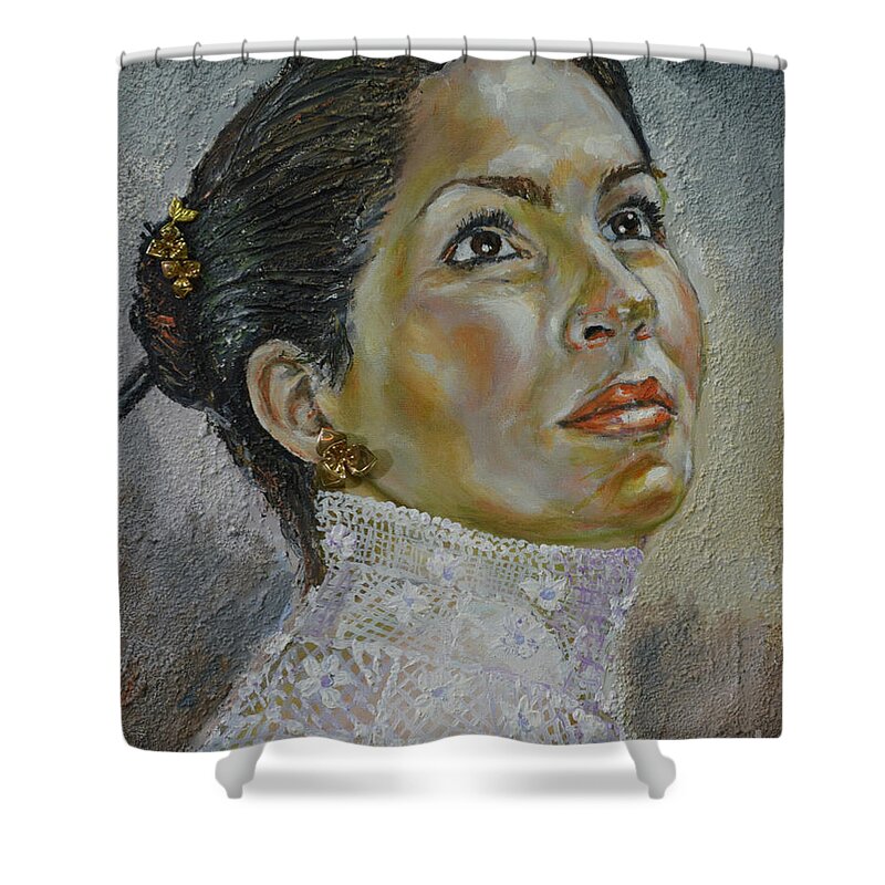 Woman Shower Curtain featuring the painting Expecting by Raija Merila