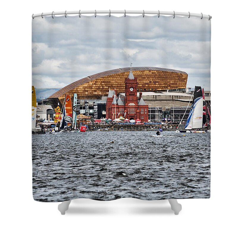 Extreme 40 Catamarans Shower Curtain featuring the photograph Extreme 40 At Cardiff Bay by Steve Purnell