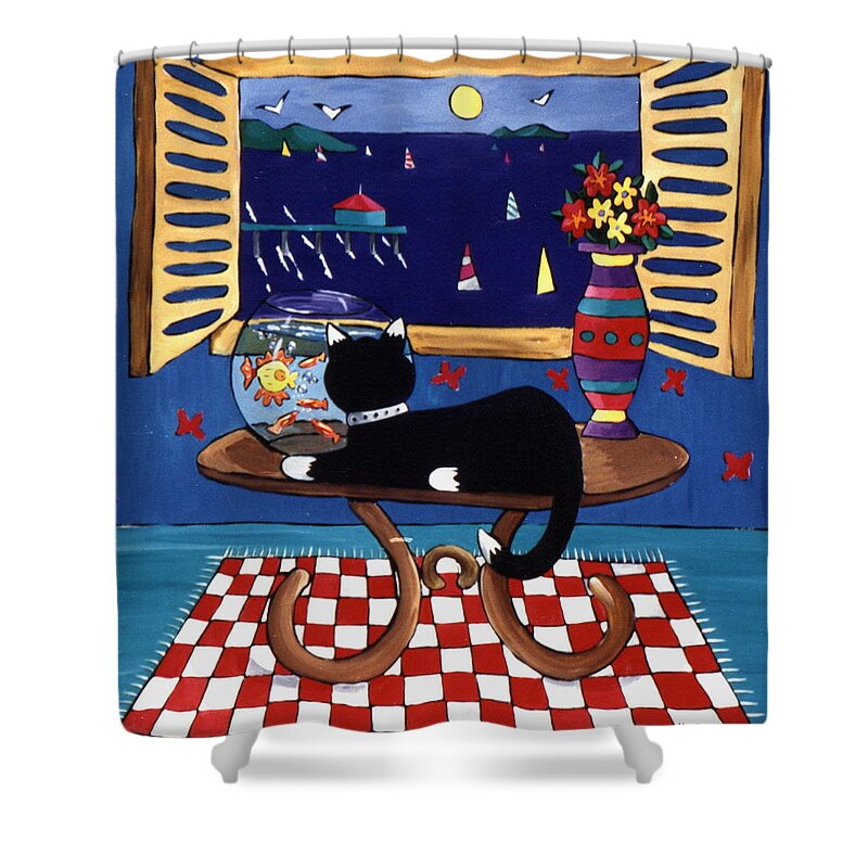 Cat Shower Curtain featuring the painting Eye On Lunch by Lance Headlee
