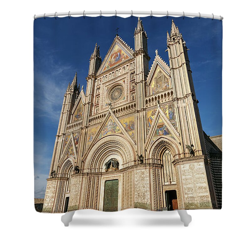 Gothic Style Shower Curtain featuring the photograph Facade Of Orvieto Cathedral Against by Guy Vanderelst