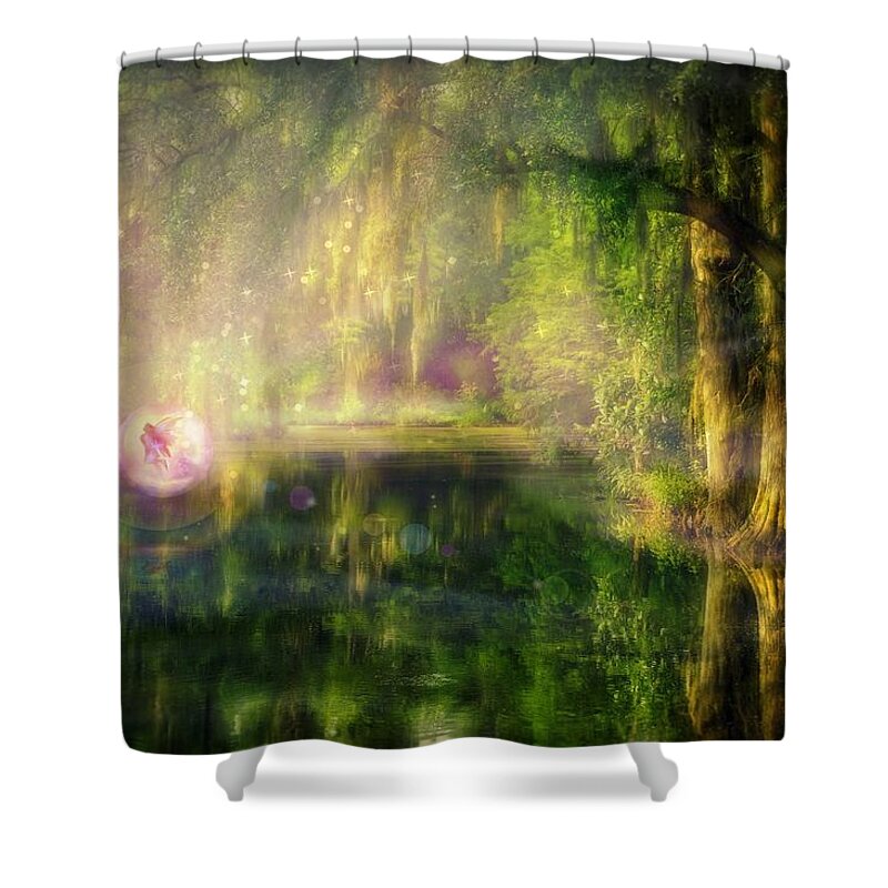 Fairy Shower Curtain featuring the digital art Fairy in Pink bubble in Serenity Forest by Lilia D