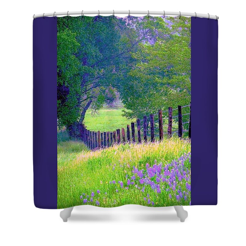 Fairy Tale Meadow Shower Curtain featuring the digital art Fairy Tale Meadow With Lupines by Pamela Smale Williams