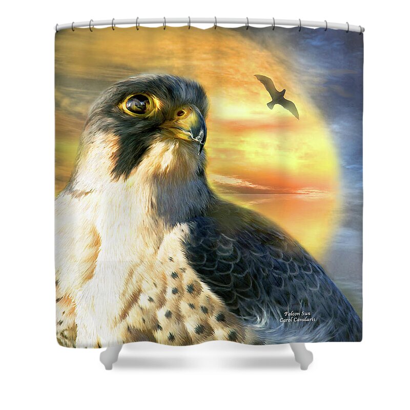Falcon Shower Curtain featuring the mixed media Falcon Sun by Carol Cavalaris