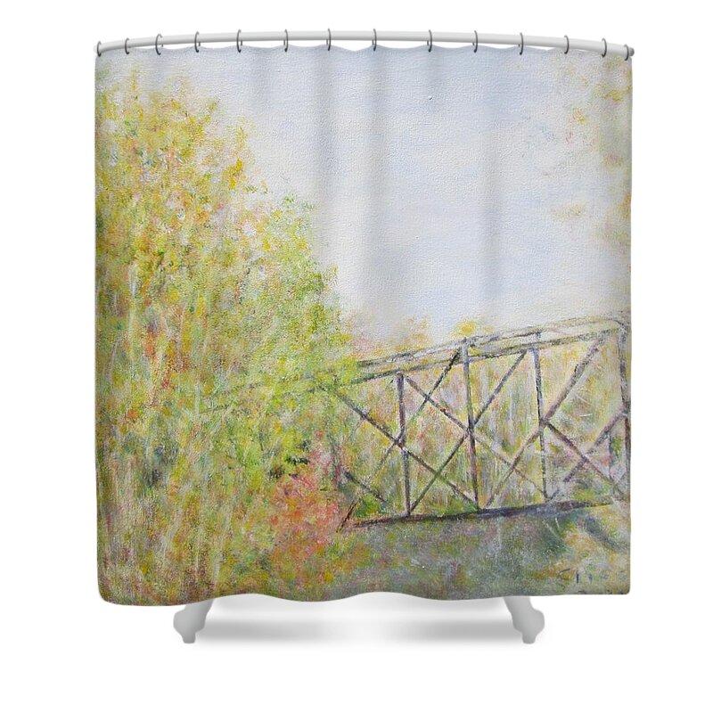 Impressionism Shower Curtain featuring the painting Fall Foliage and Bridge in NH by Glenda Crigger