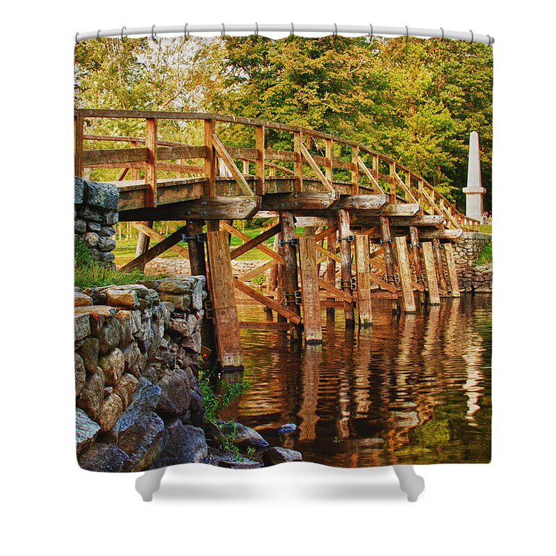 Old North Bridge Shower Curtain featuring the photograph Fall foliage over the North bridge by Jeff Folger
