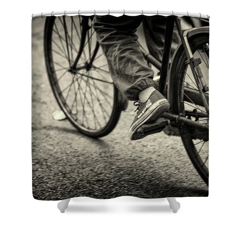 People Shower Curtain featuring the photograph Fall Leaves And Rusty Wheels by Mimo Khair Photography