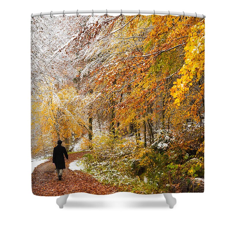 Fall Shower Curtain featuring the photograph Fall or winter - autumn colors and snow in the forest by Matthias Hauser