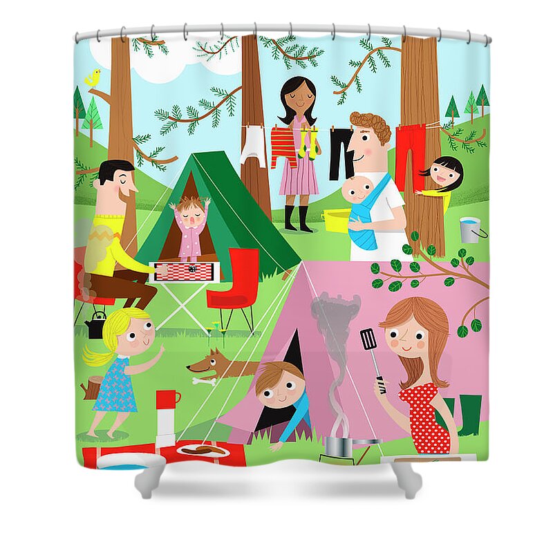 30-35 Shower Curtain featuring the photograph Families Having Fun Camping In Woods by Ikon Ikon Images