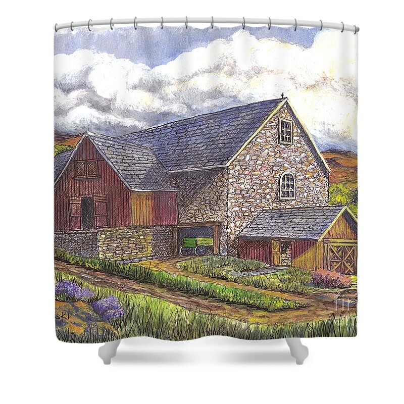 Stone Shower Curtain featuring the drawing A Scottish Farm by Carol Wisniewski