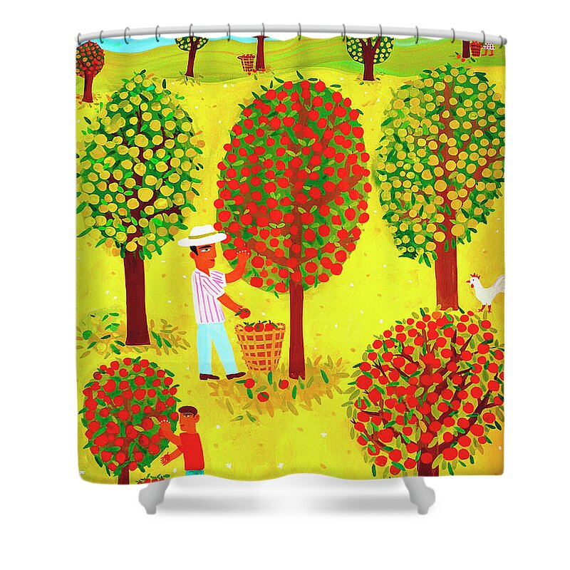 Abundance Shower Curtain featuring the photograph Family Picking Apples In Orchard by Ikon Ikon Images