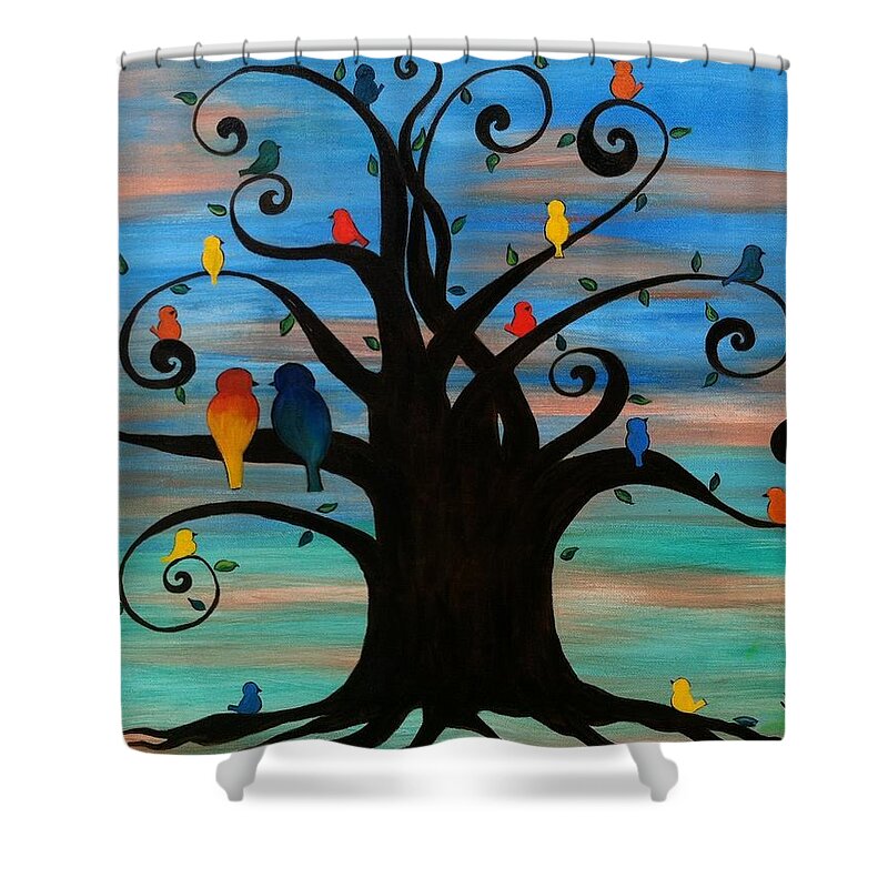 Bird Shower Curtain featuring the painting Family Tree by Vikki Angel