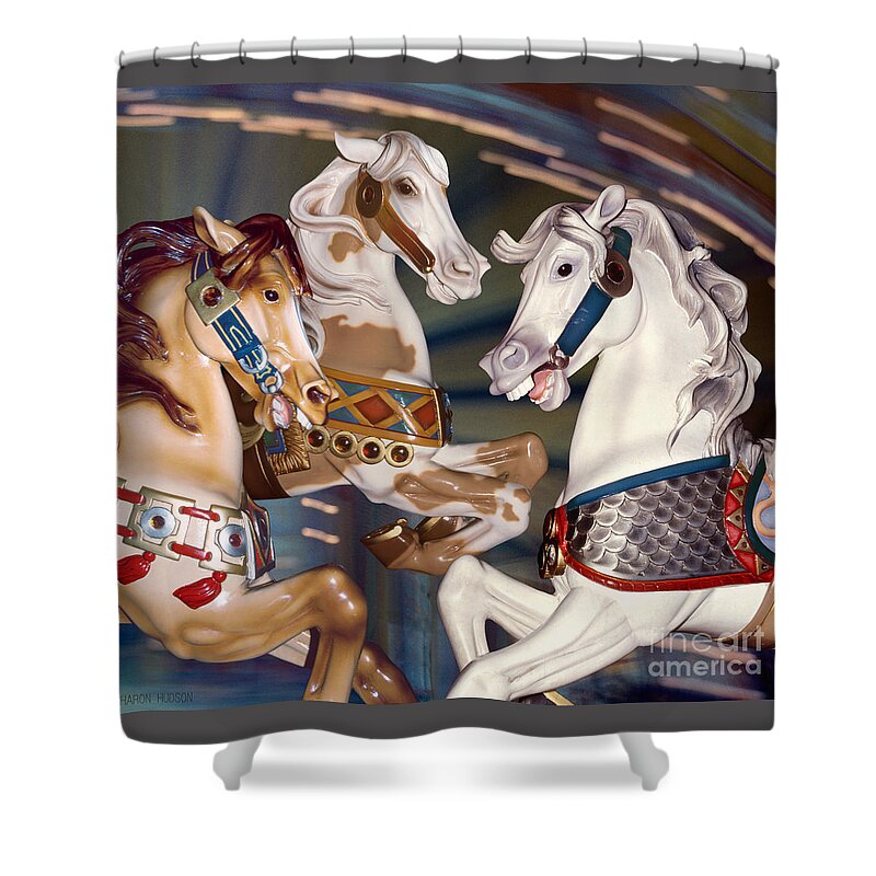 Carousel Shower Curtain featuring the photograph carousel horse photographs - Trifecta by Sharon Hudson
