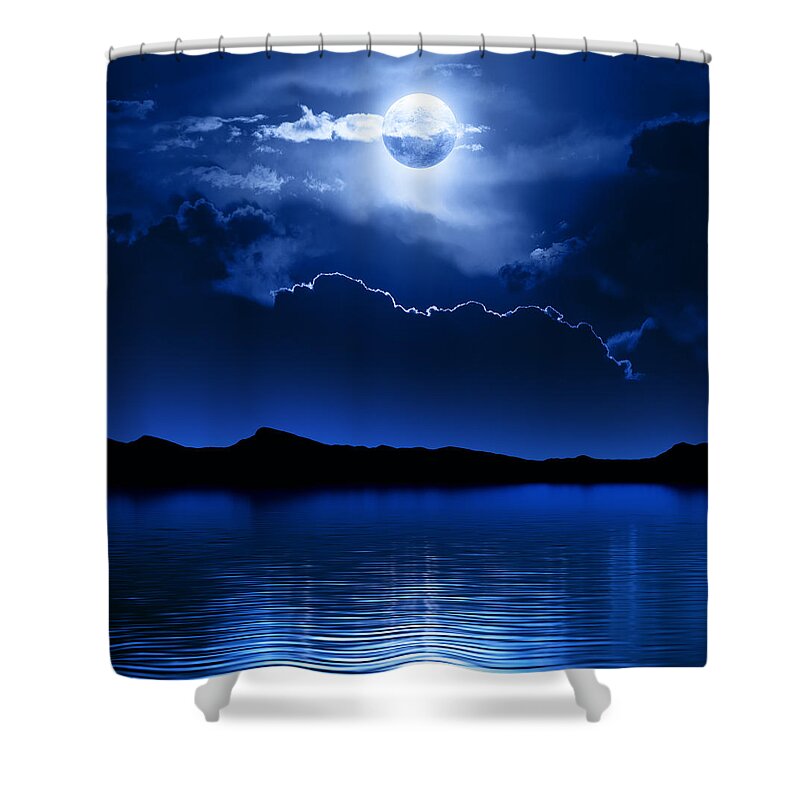 Moon Shower Curtain featuring the photograph Fantasy Moon and Clouds over water by Johan Swanepoel