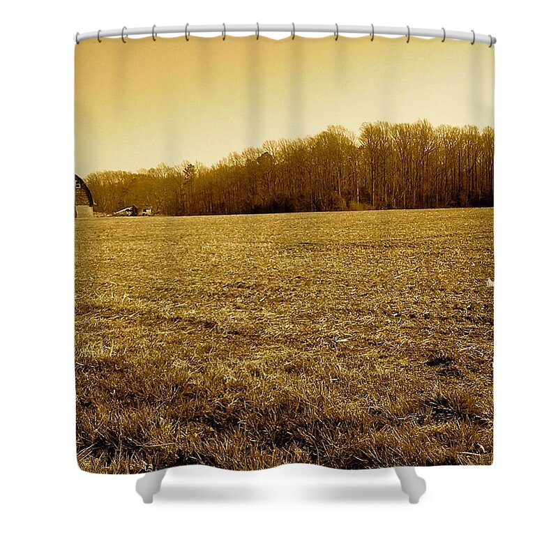 Farm Shower Curtain featuring the photograph Farm Field With Old Barn in Sepia by Chris W Photography AKA Christian Wilson