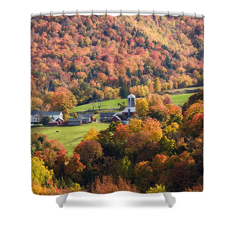 New England Fall Foliage Shower Curtain featuring the photograph Farm with a foliage view by Jeff Folger